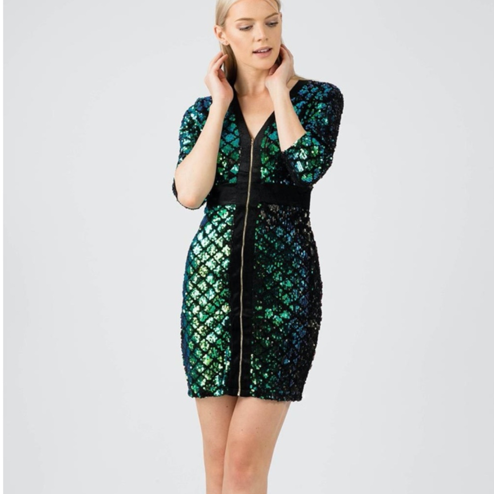 Missi London Sequin & Velvet Full Zip 3/4 Sleeve Dress